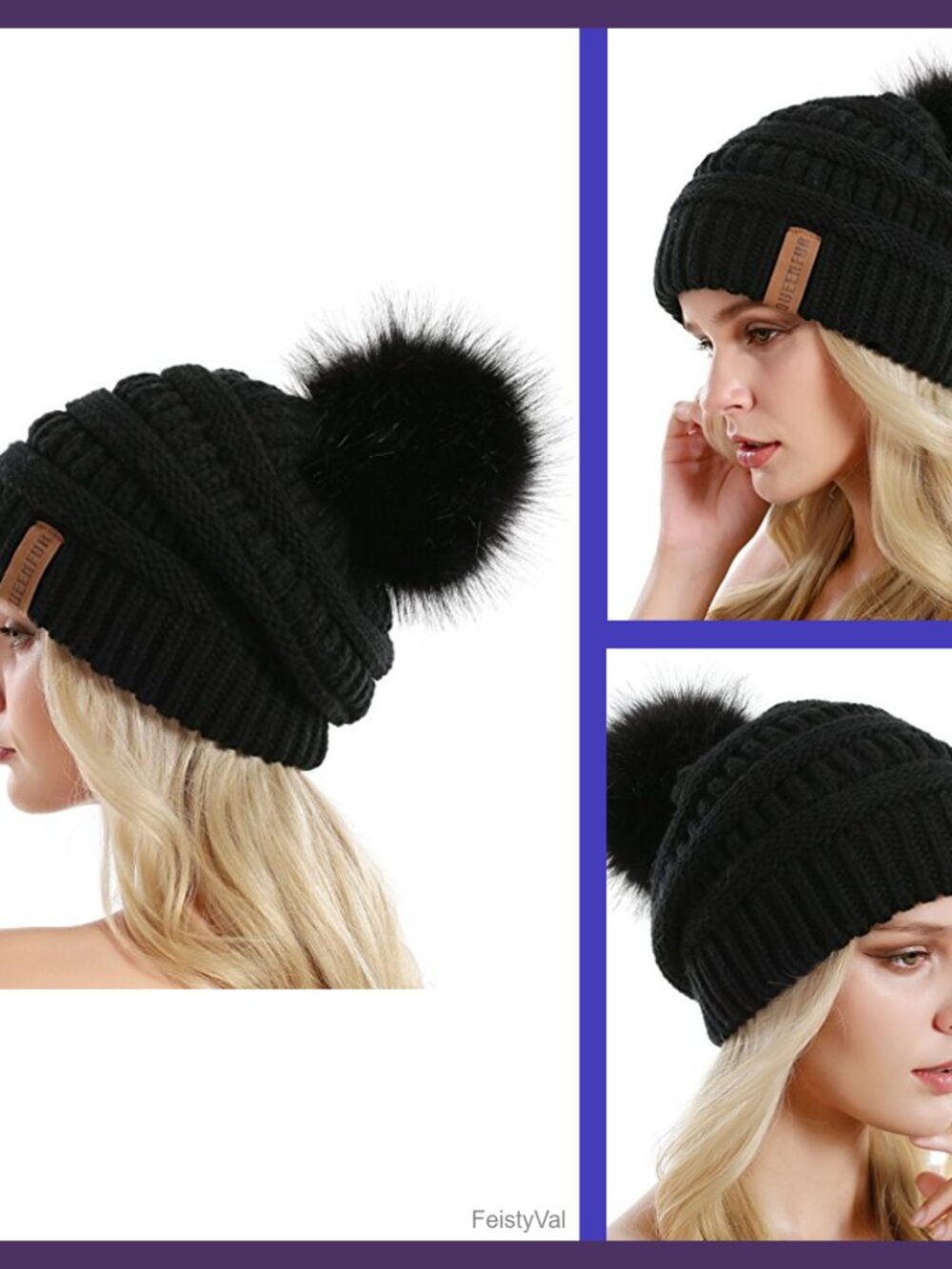 Women Knit Slouchy Beanie Chunky Baggy Hat Faux Fur Pompom Winter Soft Warm Ski